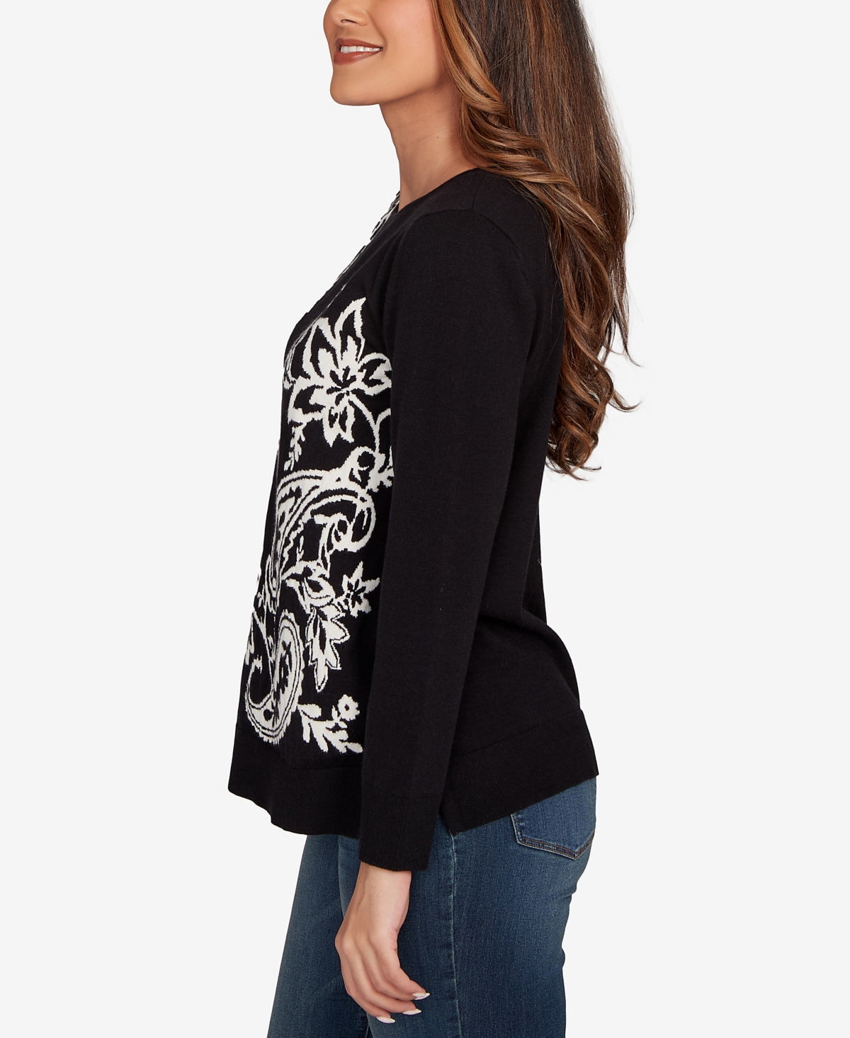 Ruby Rd. Plus Size Floral Paisley Jacquard Sweater In Black