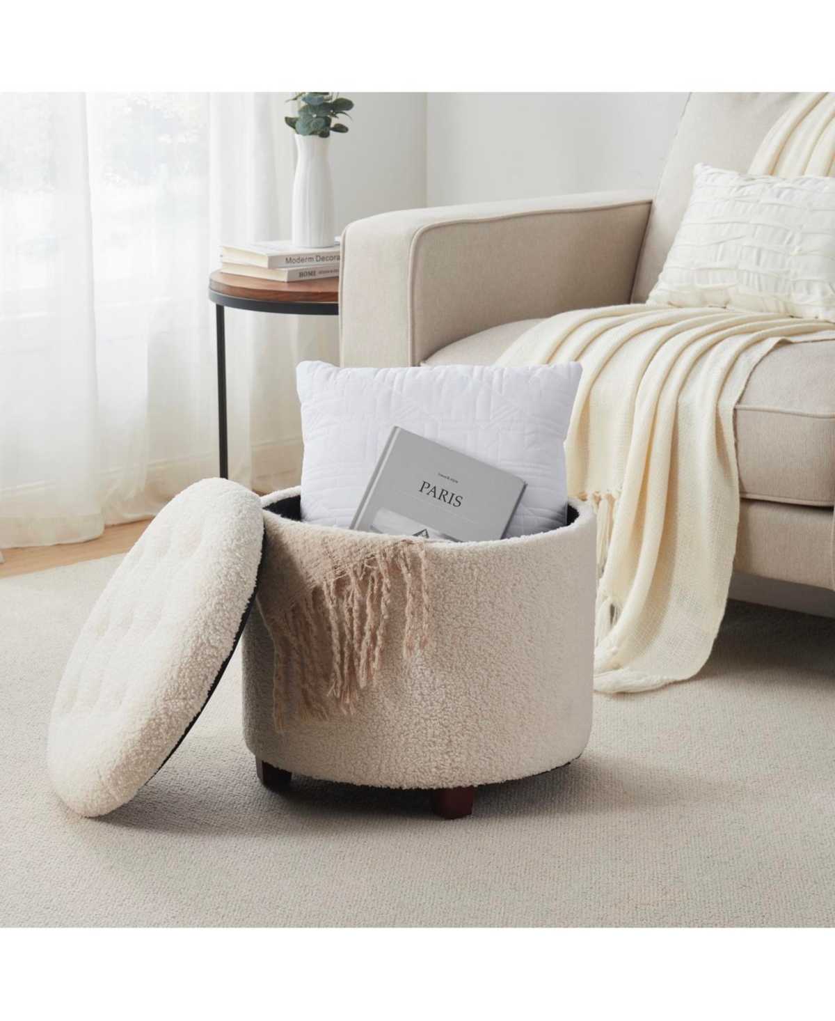 Ornavo Home Donovan Round Tufted Boucle Storage Ottoman - White