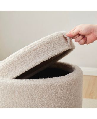 Lawrence Round Boucle White Storage Ottoman with Table Top Lid