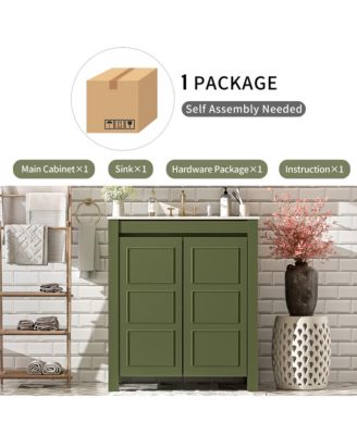 30" Solid Wood & MDF Bathroom Vanity with Ceramic Sink, Soft-Close Doors & Adjustable Shelf Storage Cabinet