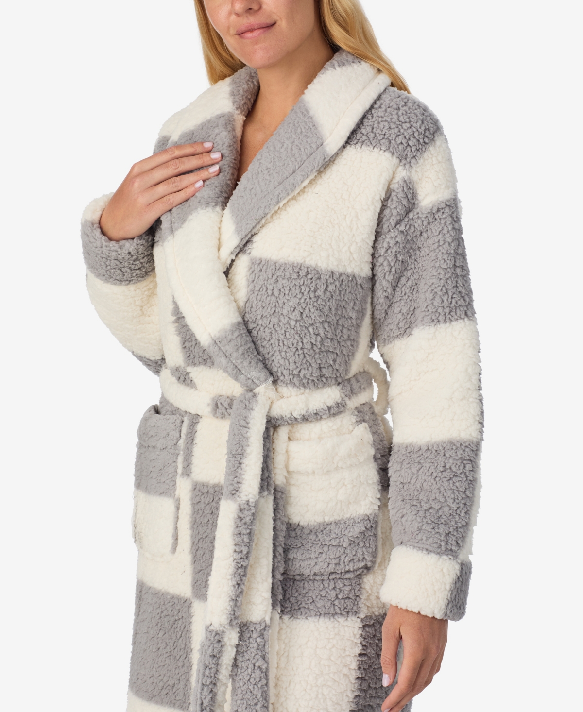 Sanctuary Women's Ultra-cozy Belted Check Wrap Short Robe In Gray