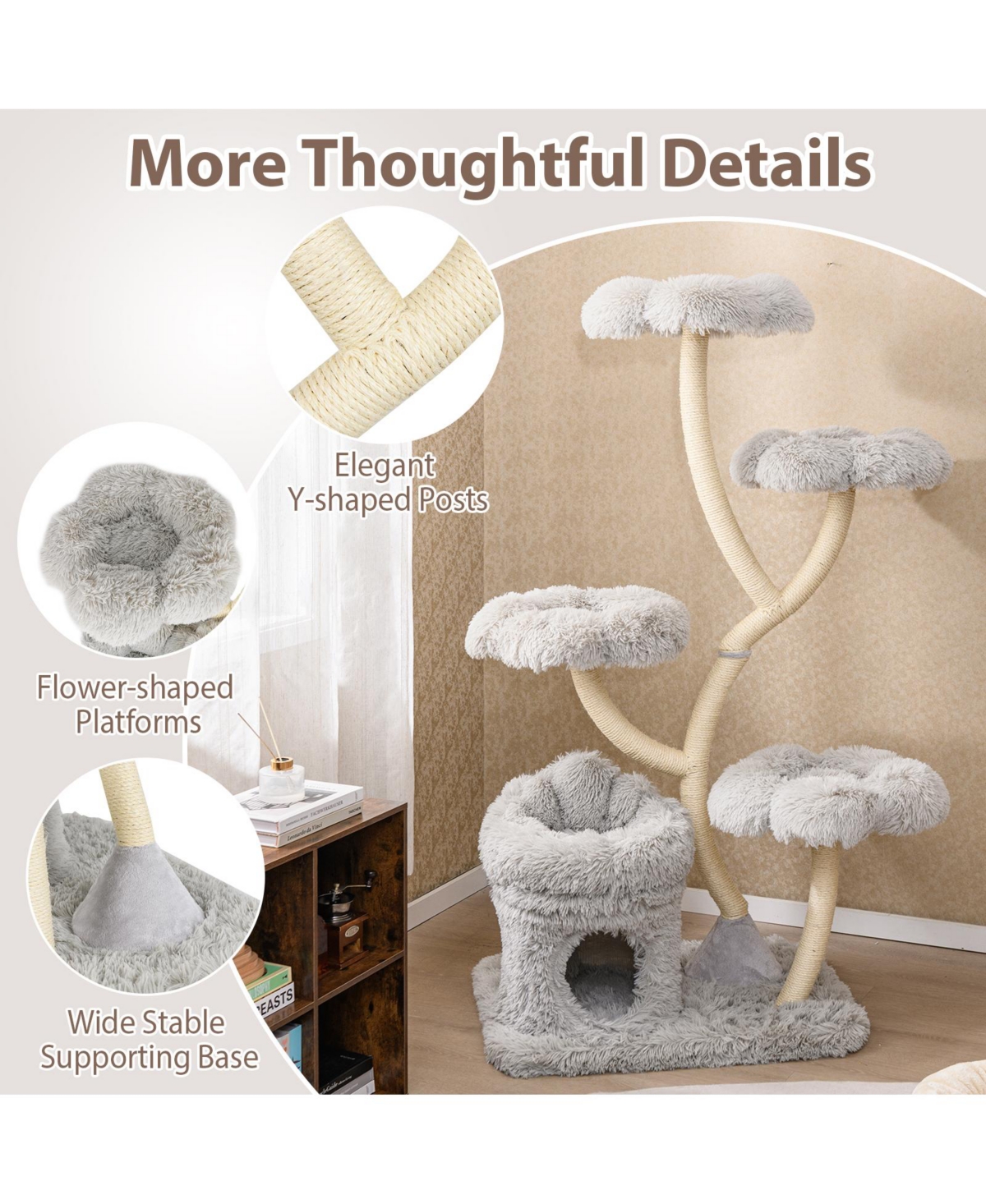 Gymax Freestanding Cat Tower Tall Tree w/ four Flower-shaped Platforms Condo