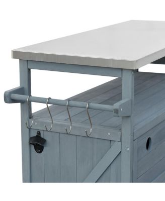 Outdoor Kitchen Island Cart with Storage, Solid Wood BBQ Grill Station with Stainless Steel Top, Spice Rack & Towel Bar