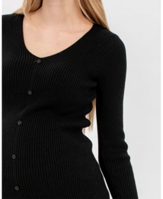 Maternity Ribbed Bella Sweater with Button Detail V-Neck 3/4 Sleeve