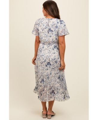Maternity Cream Floral Pleated Midi Dress