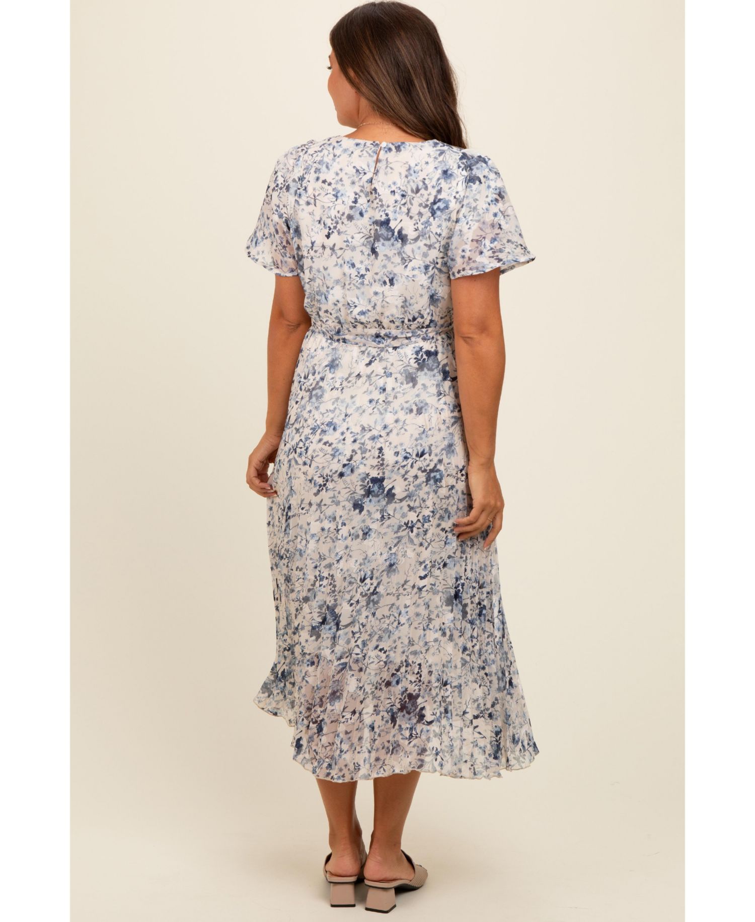Women's Cream Floral Pleated Midi Dress