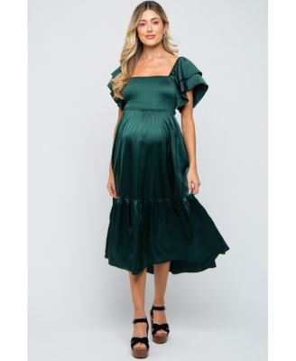 Maternity Forest Green Satin Flutter Sleeve Midi Dress