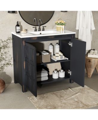 36" Solid Wood Bathroom Vanity Set with Ceramic Sink & Distressed Finish Storage Cabinet Organizer