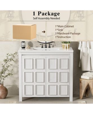 36" Solid Wood Bathroom Vanity Set with Ceramic Sink & Distressed Finish Storage Cabinet Organizer
