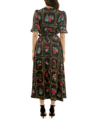 Women's Belted Puff Sleeve Midi Dress