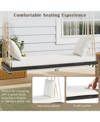 63 Inch Acacia Wood Porch Swing Chair with Cushion and Pillows