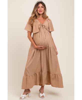 Maternity Taupe Woven Textured Flutter Sleeve V-Neck Tiered Maxi Dress