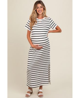 Maternity White Striped Side Slit Maxi Dress