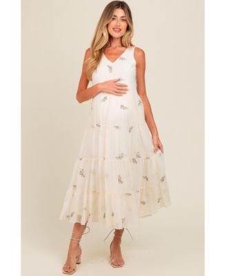 Maternity Lavender Ditsy Floral Embroidered V Neck Tiered Dress