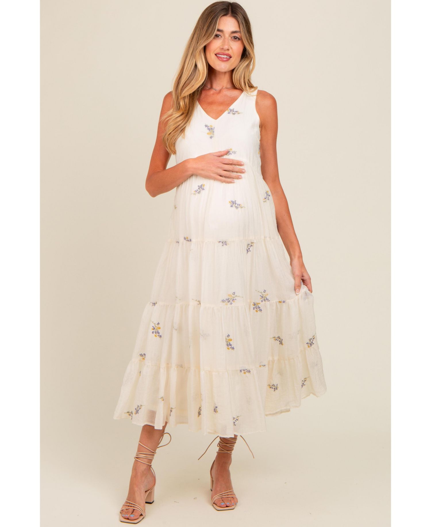 Women's Lavender Ditsy Floral Embroidered V Neck Tiered Dress