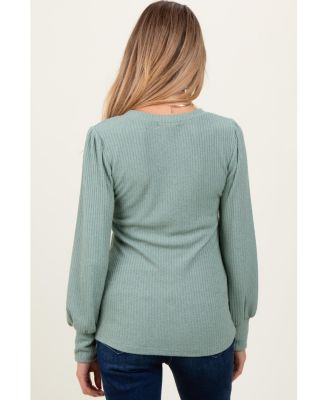 Maternity Light Olive Ribbed Knit V-Neck Button Cuff Top