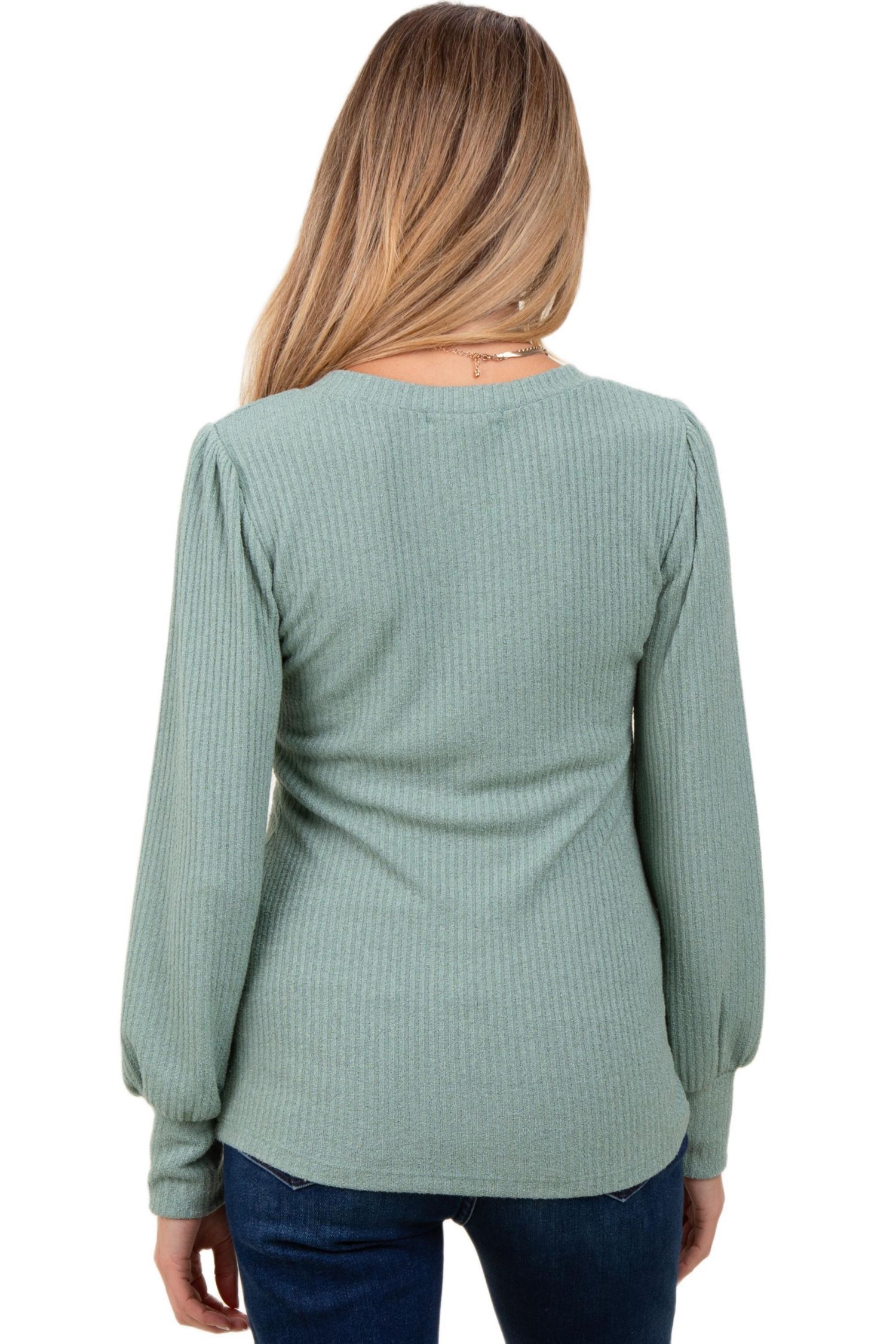 Women's Light Olive Ribbed Knit V-Neck Button Cuff Top