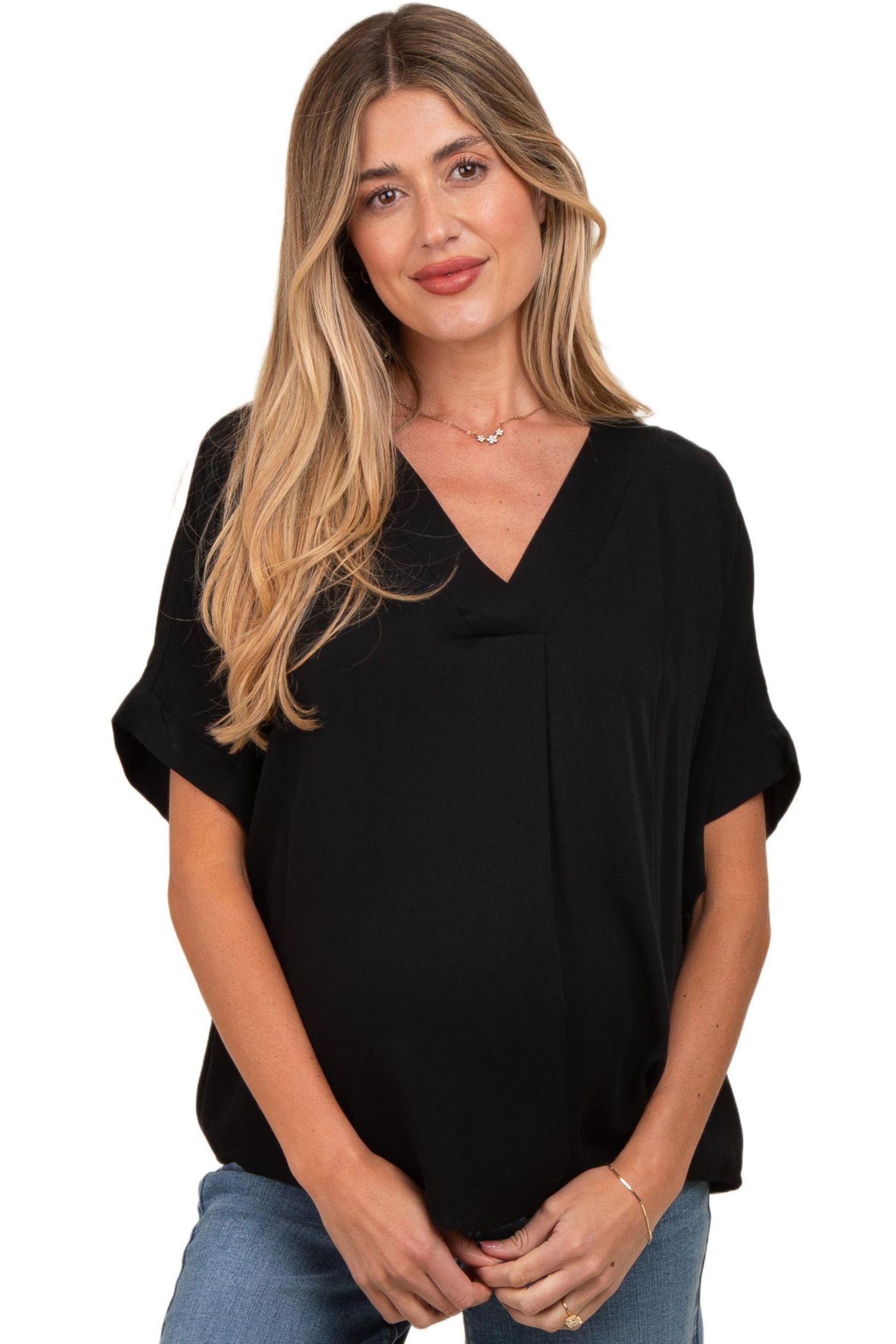 Women's Black V-Neck Pin-Tuck Detail Top