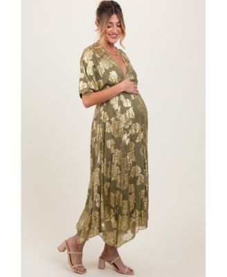 Maternity Olive Metallic Floral Jacquard Overlay Maxi Dress