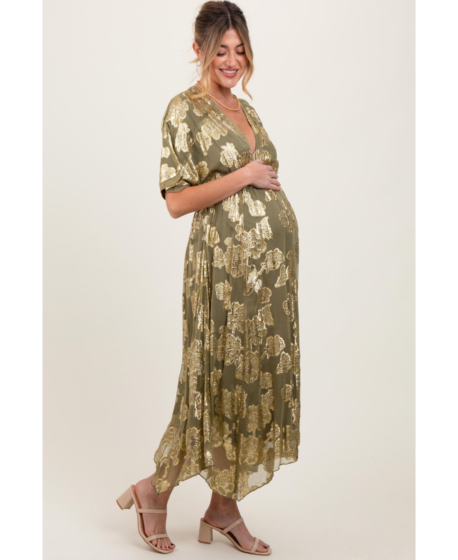 Women's Olive Metallic Floral Jacquard Overlay Maxi Dress