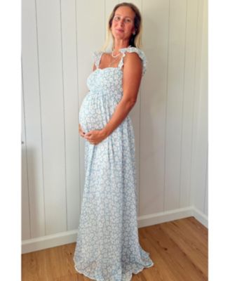 Maternity Light Blue Floral Chiffon Sweetheart Neck Off Shoulder Maxi Dress