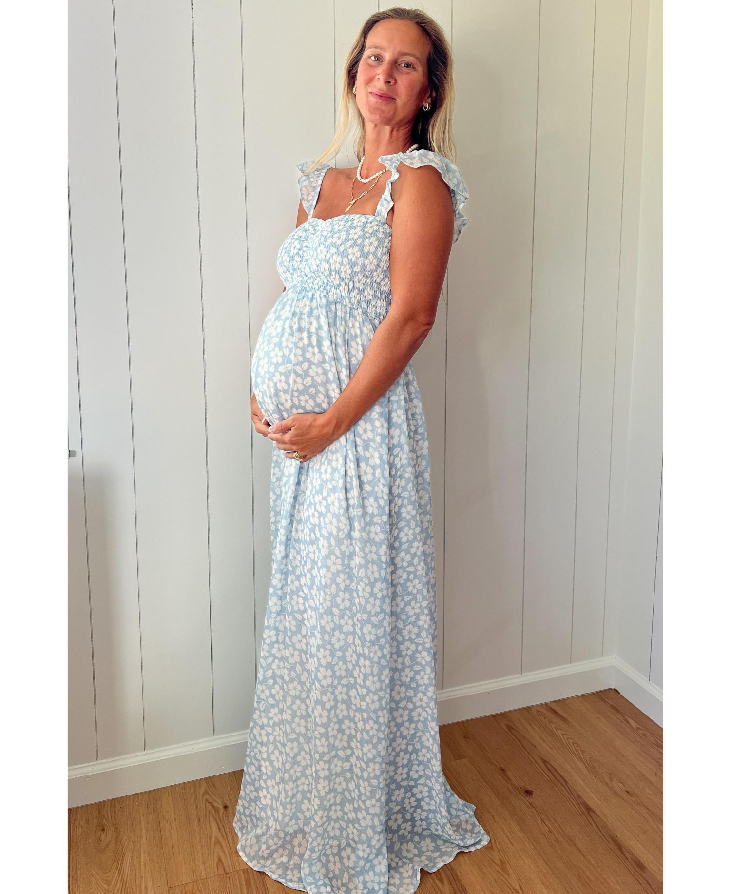 Women's Light Blue Floral Chiffon Sweetheart Neck Off Shoulder Maxi Dress