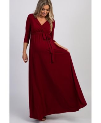 Burgundy Draped 3/4 Sleeve Maternity Maxi Dress