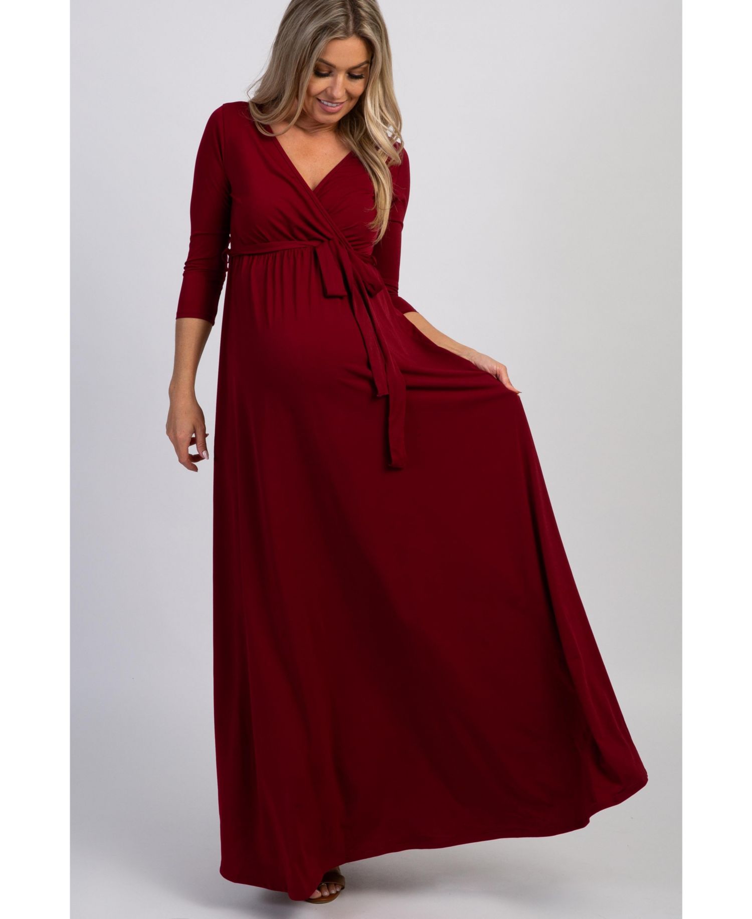 Women's Burgundy Draped 3/4 Sleeve Maxi Dress
