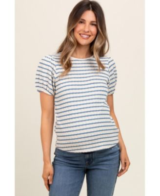 Maternity Light Blue Striped Textured Puff Sleeve Top