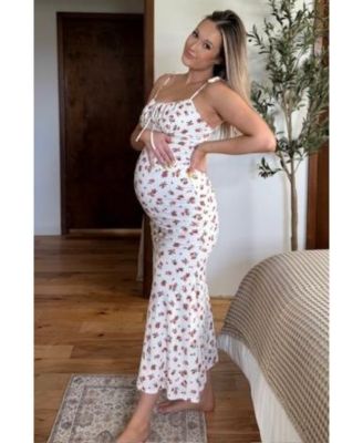 Red Ribbed Floral Shoulder Tie Maternity Maxi Dress