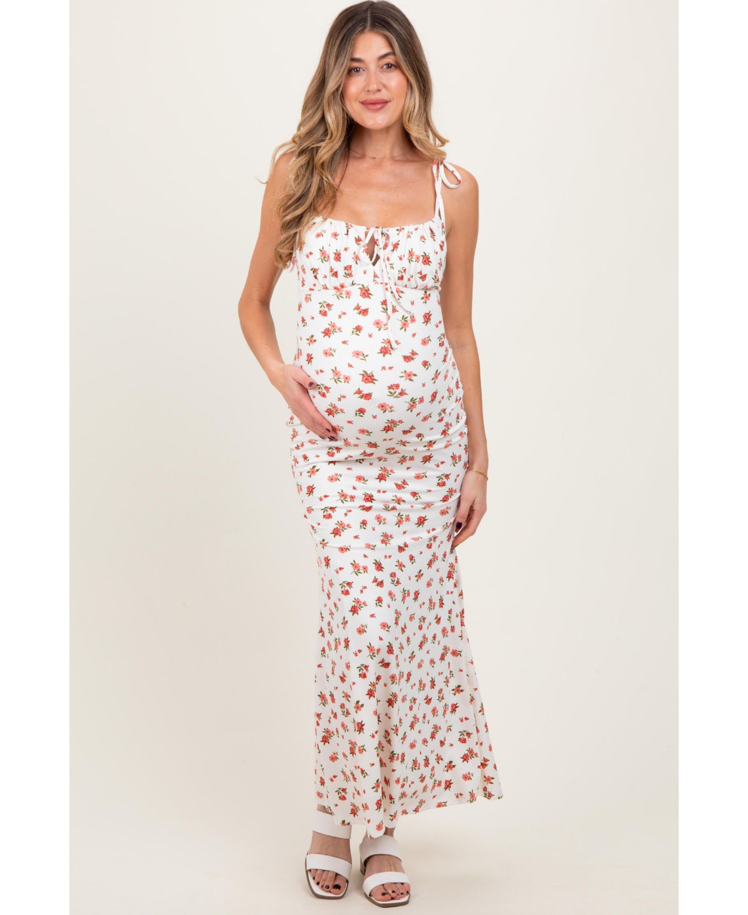Women's Ribbed Floral Shoulder Tie Maxi Dress