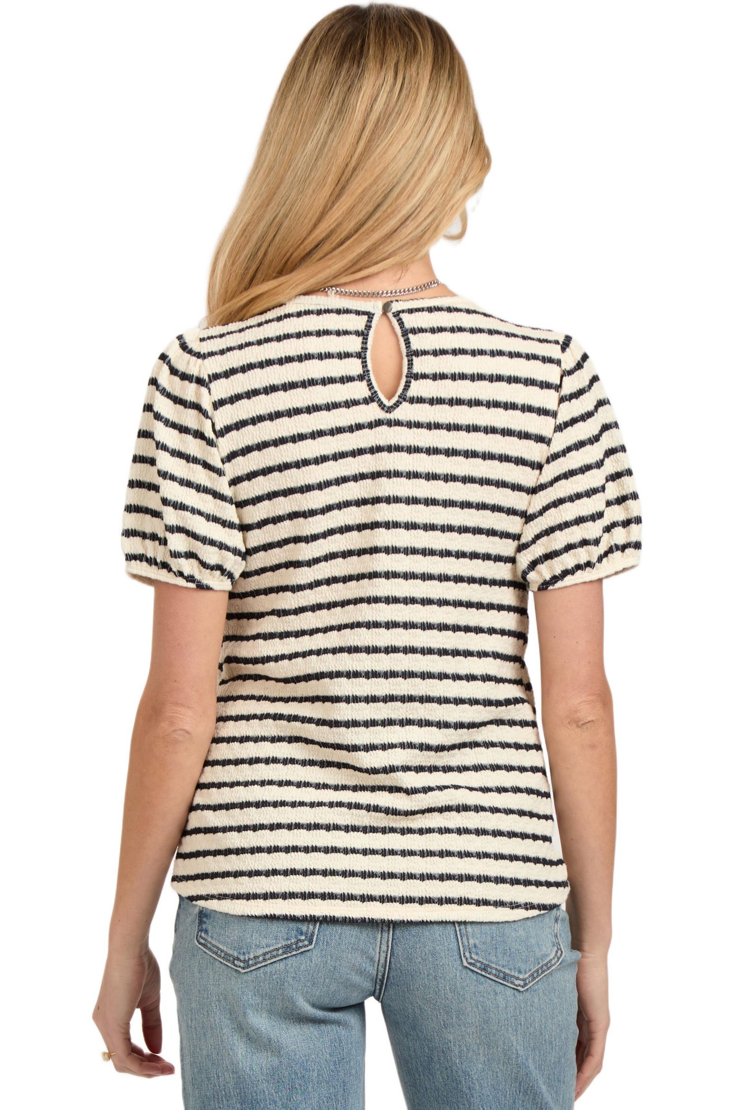 Women's Light Blue Striped Textured Puff Sleeve Top