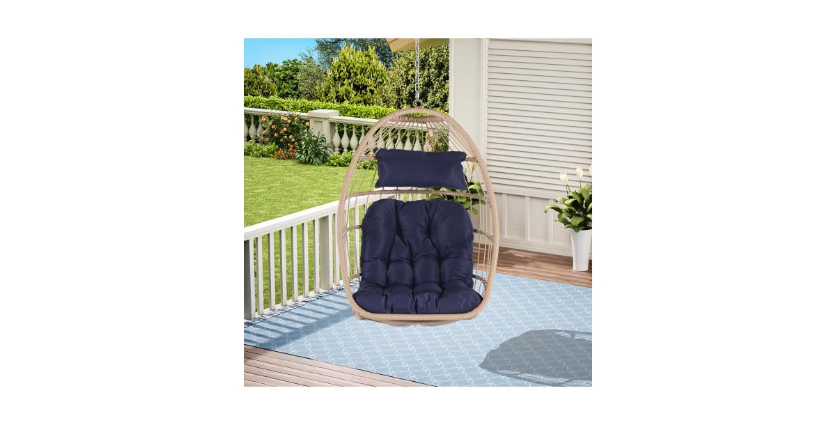 Flynama 55 Inch Outdoor Rattan Egg Swing Chair with Stand and Beige Cushion
