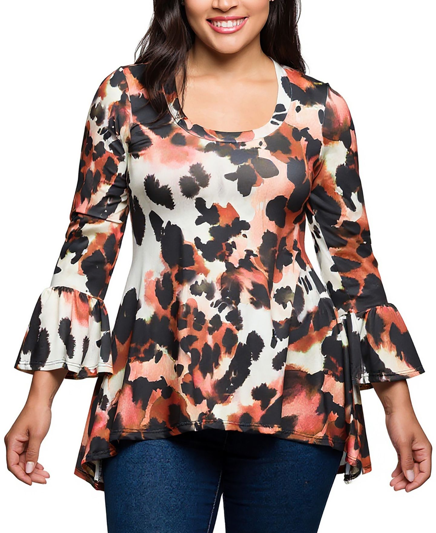Женский топ 24seven Comfort Apparel Plus Size Scoop Neck Bell Sleeve Tunic Top, цвет: Серый разноцветный — фото 1