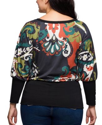 Plus Size Paisley Multicolor Print Dolman Sleeve Banded Top