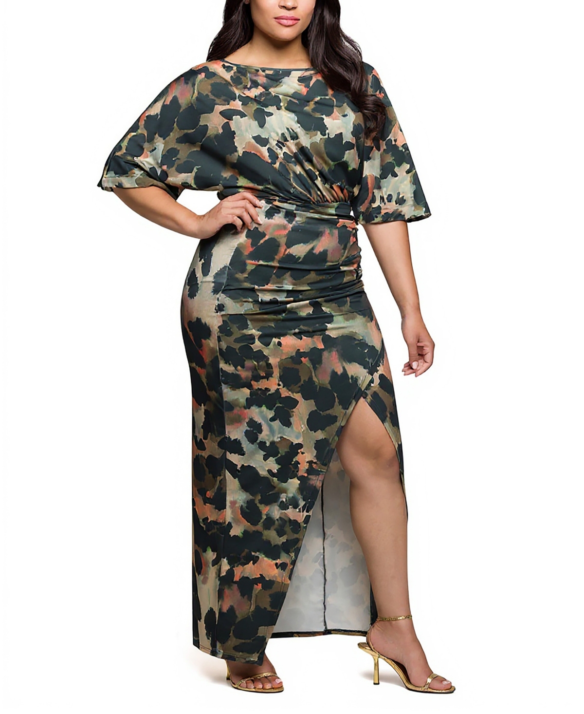 24seven Comfort Apparel Plus Size Green Abstract Print Batwing Sleeve Maxi Dress In Multi