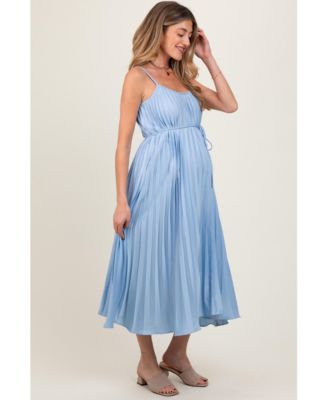 Maternity Light Blue Pleated Sash Tie Midi Dress