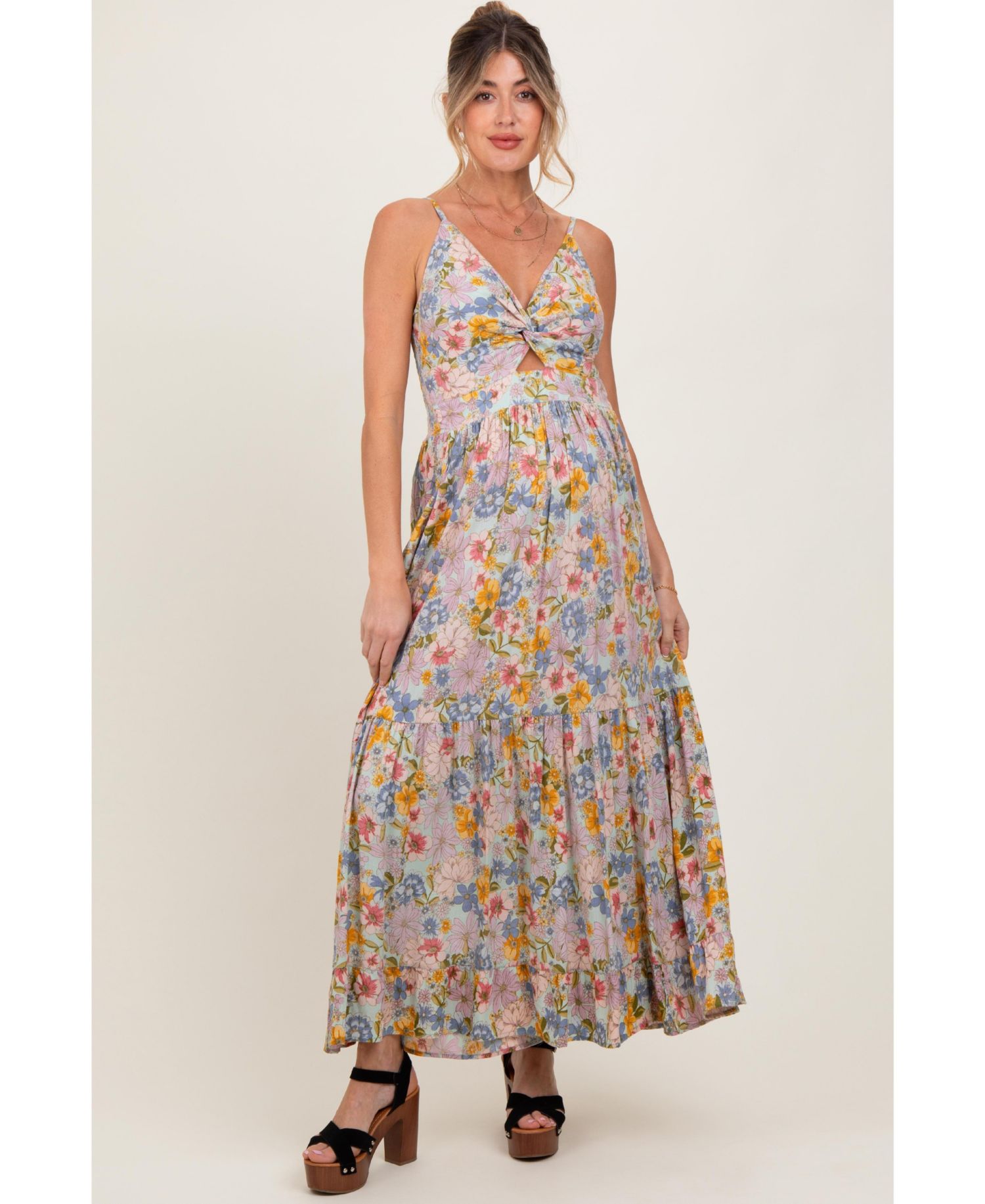 Women's Mint Green Floral Twist Front Cutout Maxi Dress
