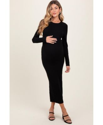 Maternity Black Ribbed Knit Fitted Midi Sweater Dress