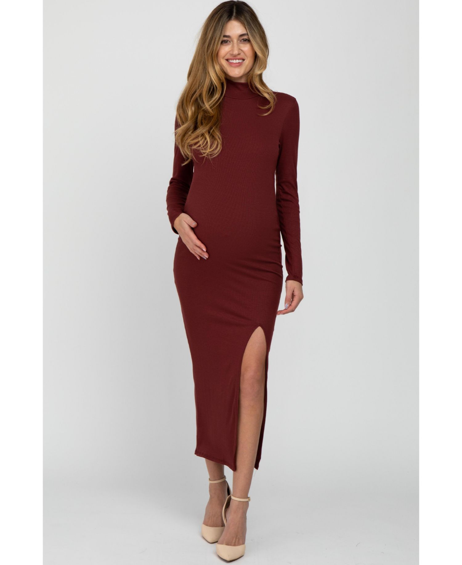 Maternity Ribbed Mock Neck Side Slit Maxi Dress