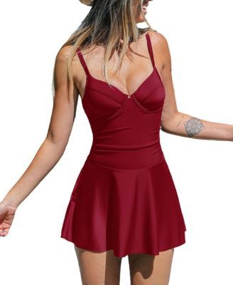 Women's Ruched Tummy Back Cutout One-Piece Swimdress