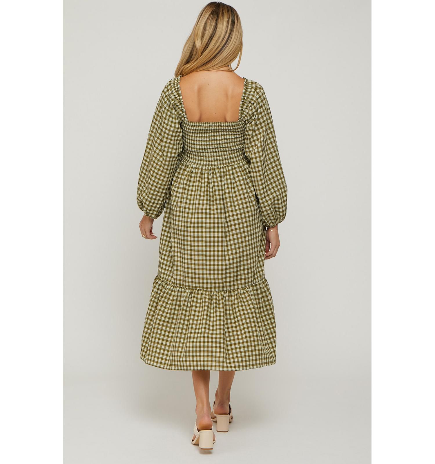 Women's Olive Gingham Long Sleeve Midi Dress