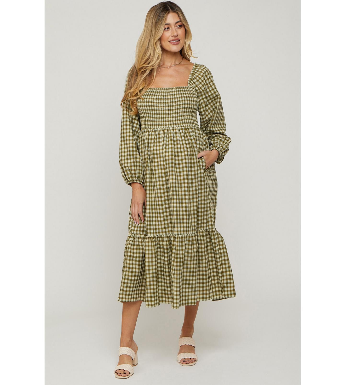 Женское платье Pinkblush Olive Gingham Long Sleeve Midi, цвет: Оливковый зелёный — фото 1
