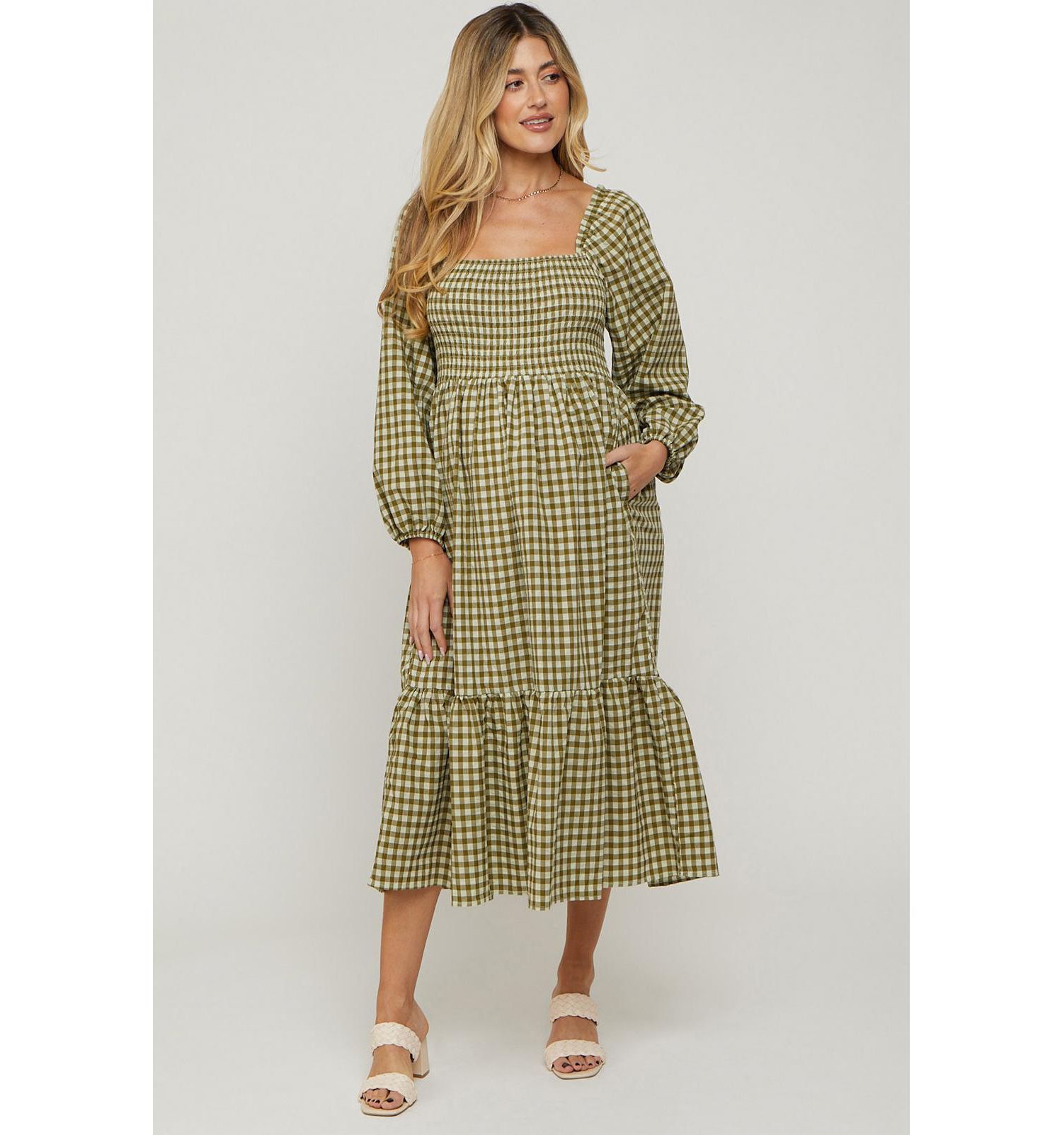 Women's Olive Gingham Long Sleeve Midi Dress