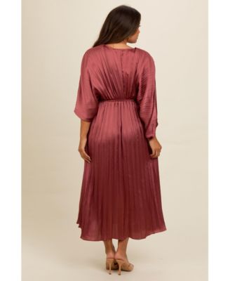 Maternity Forest Green Satin Pleated V-Neck Maxi Dress