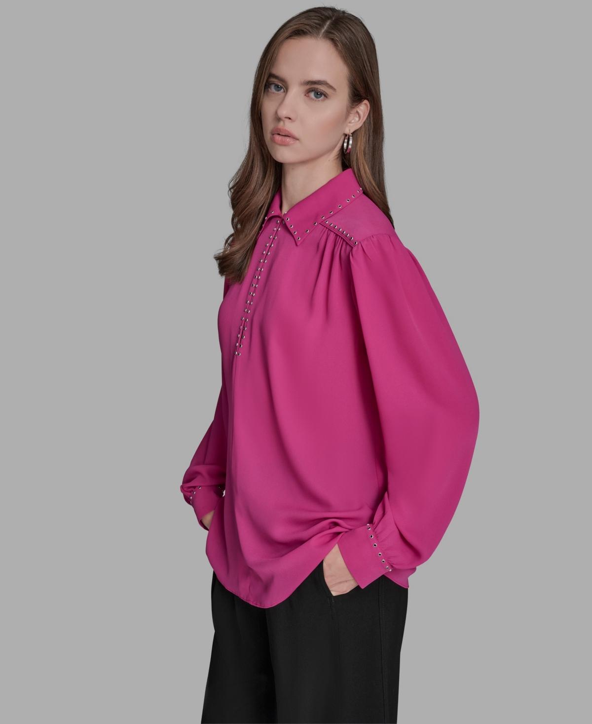 Bcbg Women's Long Sleeve Embellish Trim Top In Pink