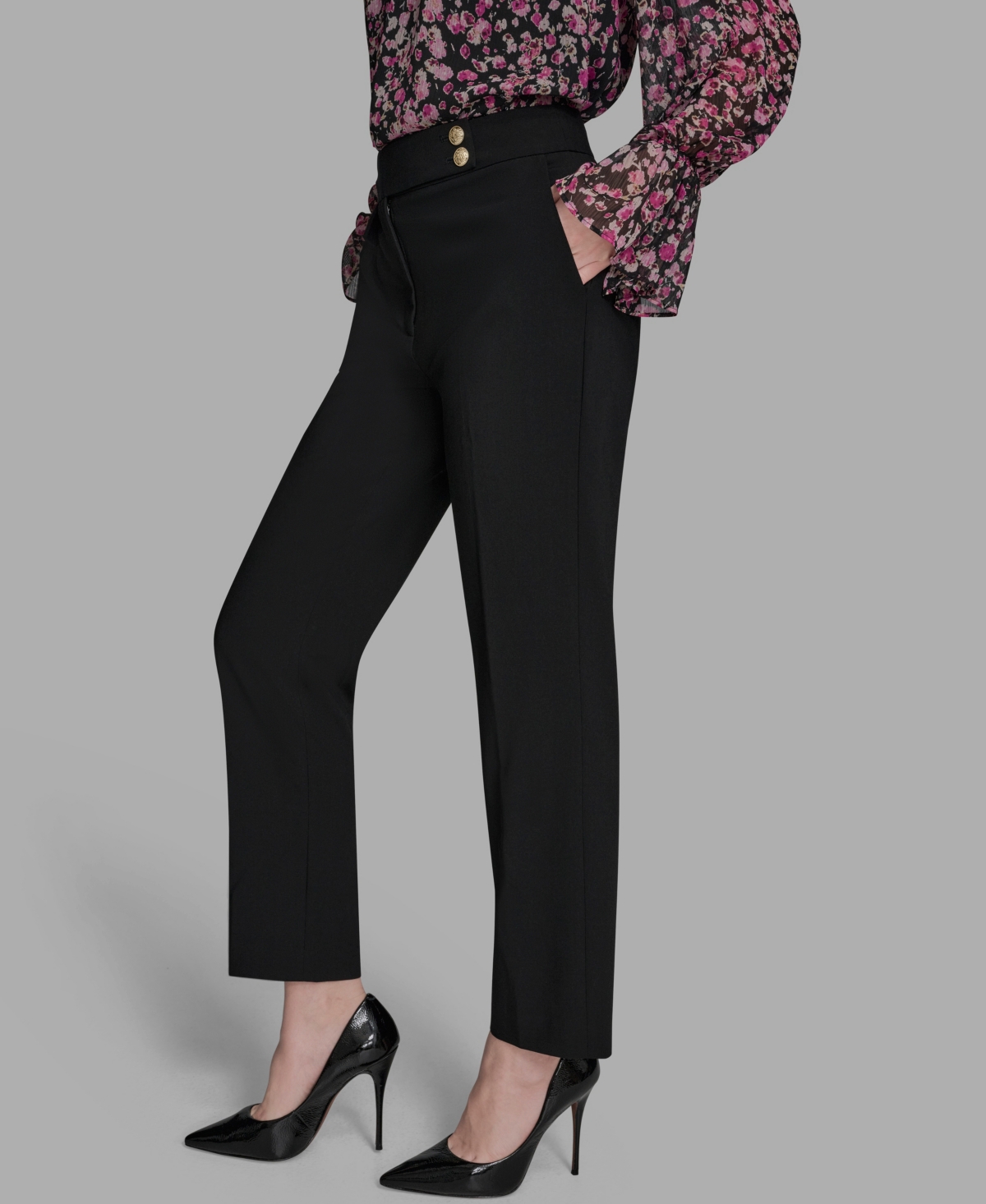 Bcbg Women's Flat Front Two Button Tab Mid Rise Pants In Black
