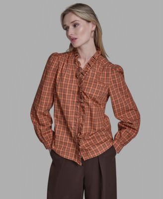 Women's Plaid Button Placket V-Neck Top