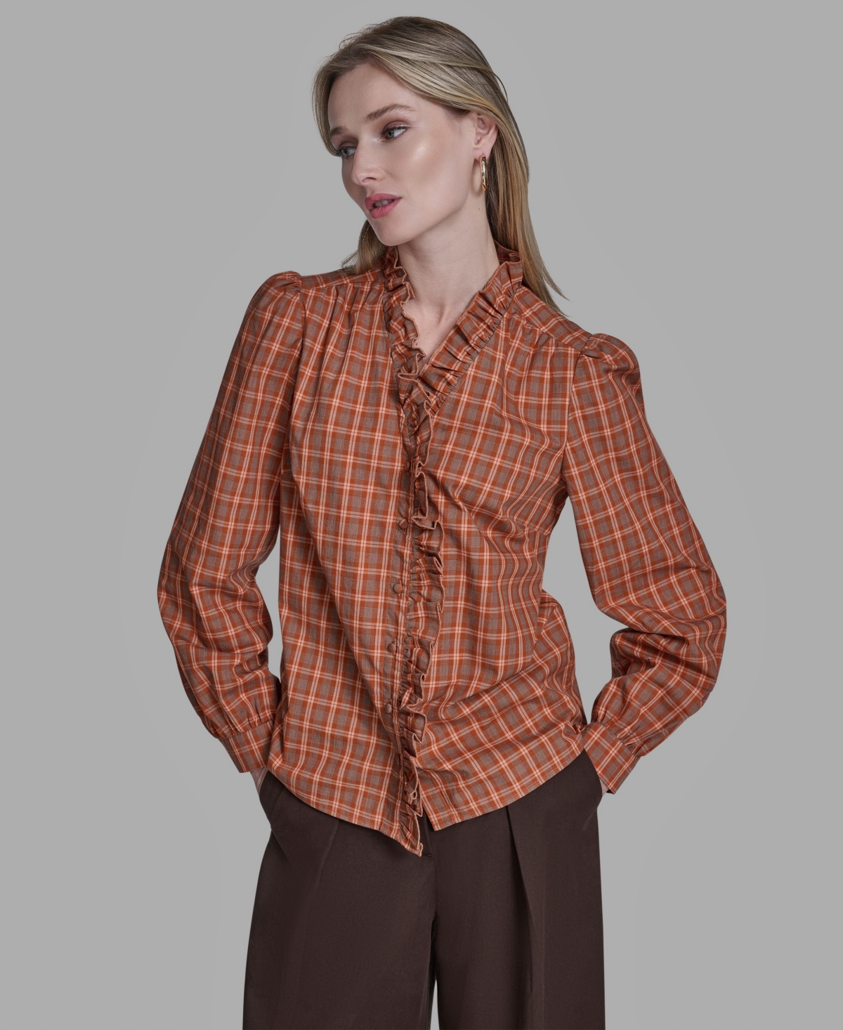 Bcbg Women's Plaid Button Placket V-neck Top In Brown