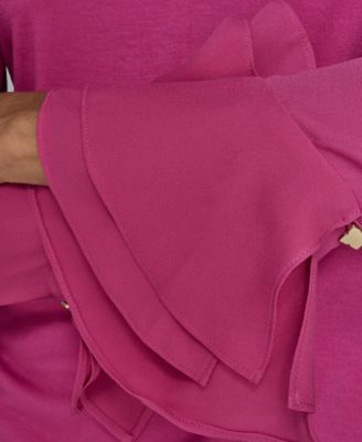 Women's Long Sleeve Ruffle-Cuff Collared Top